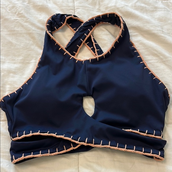 Navy Blue Halter Bralette with Pink Stitching - Picture 1 of 3
